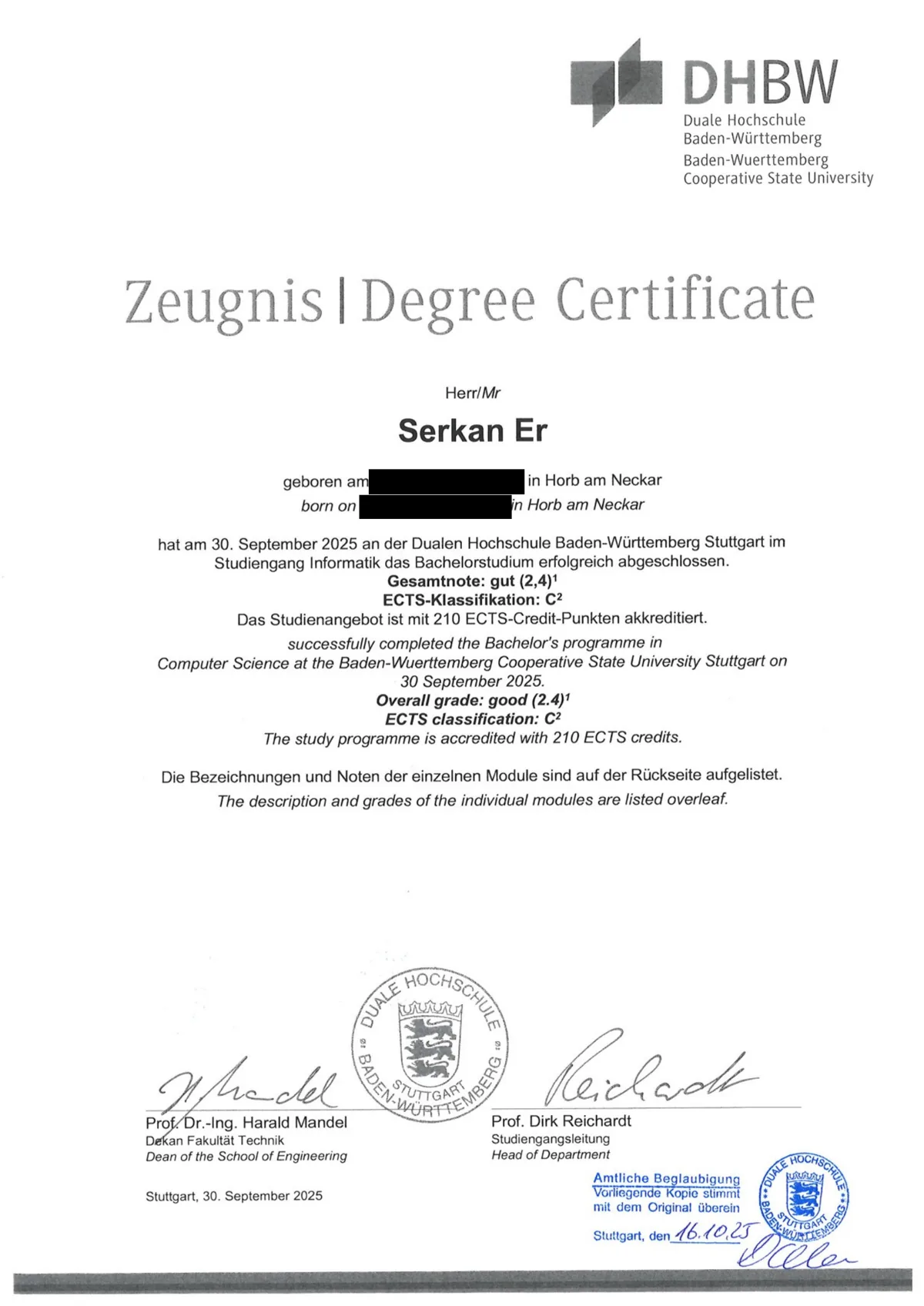 Bachelor-Zeugnis der DHBW Stuttgart von Serkan Er, Studiengang Informatik